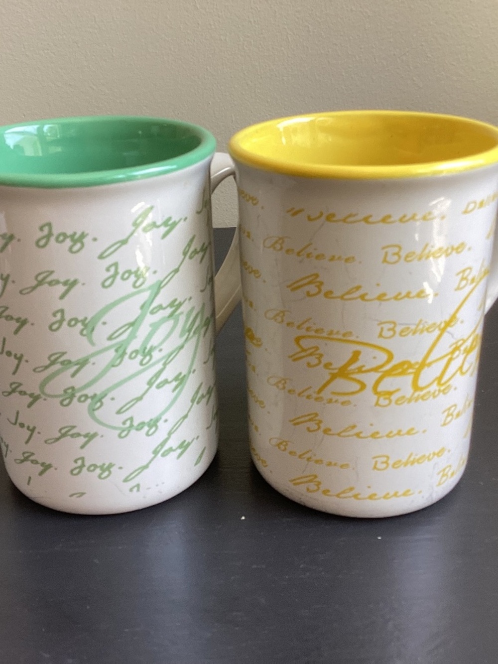 Set of 2 Gibson Coffee Mugs “Believe and Faith” 16oz Yellow n Green